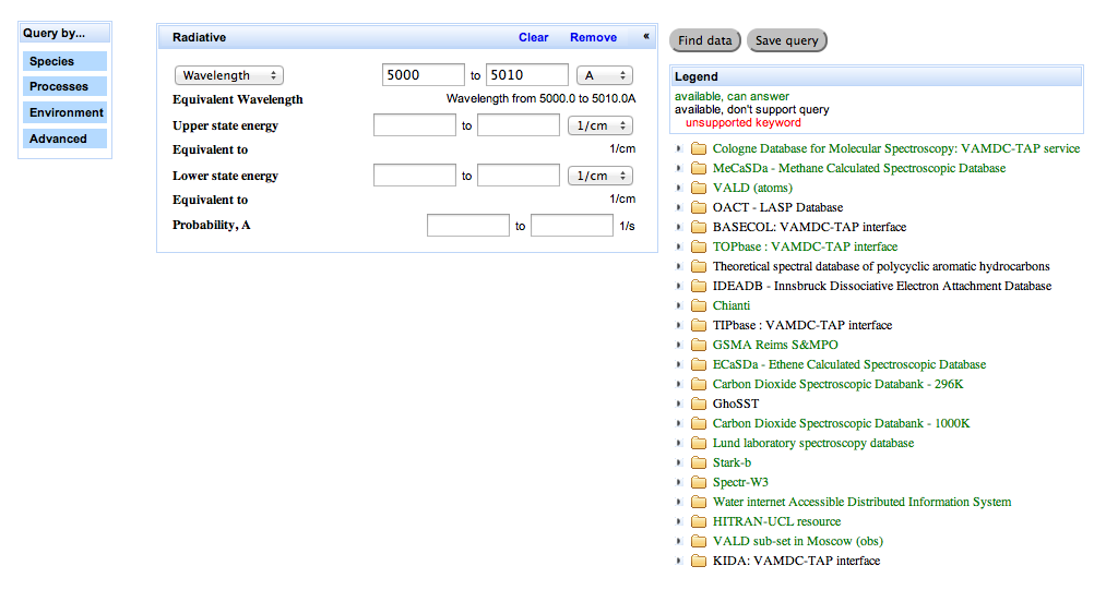 portal's query page showing a simple search for spectroscopic data