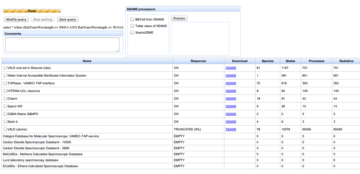 portal's results page showing a simple search for spectroscopic data