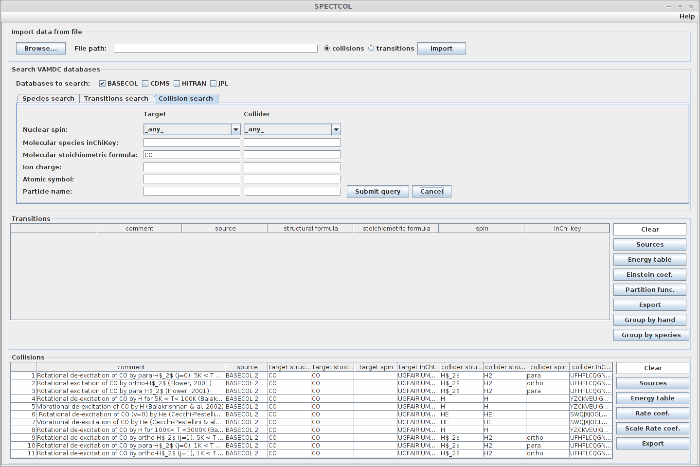 CO datasets in Basecol database