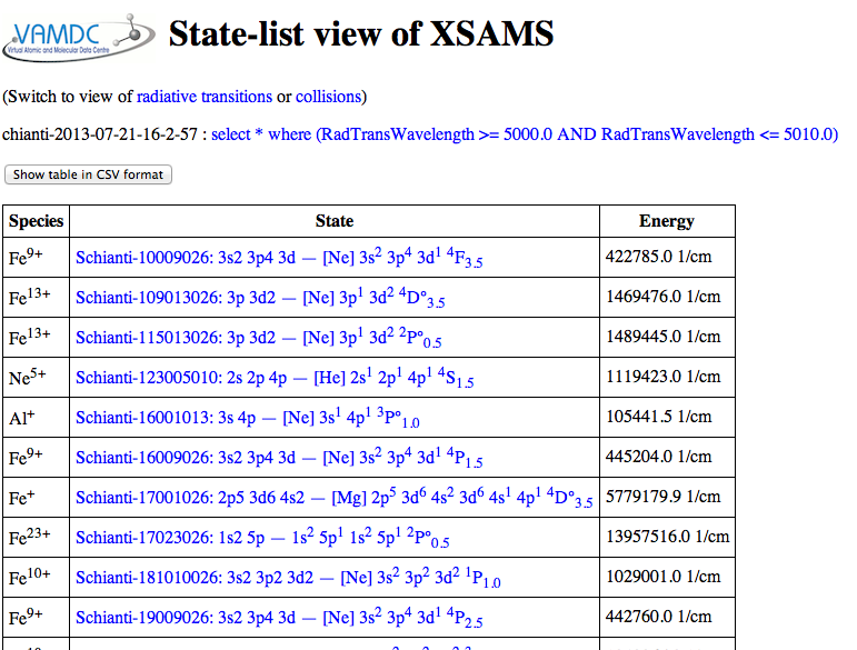 Example of atomic-state list from Chianti viewed in portal
