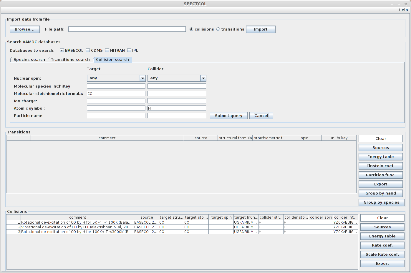 CO+H datasets in Basecol database