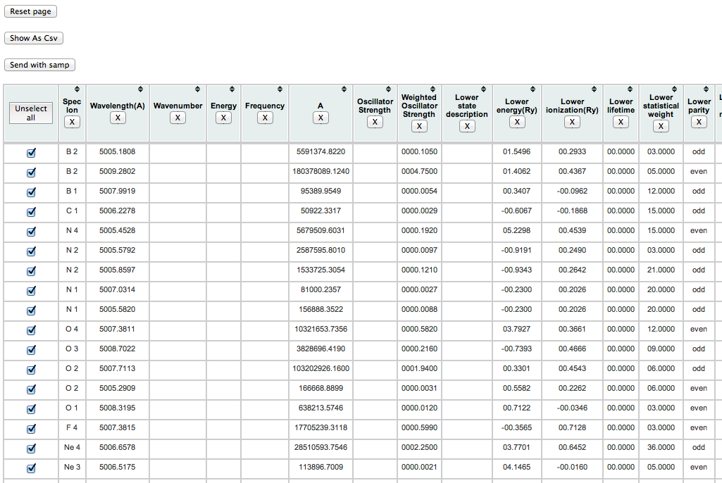 line list from Topbase results, HTML presentation.