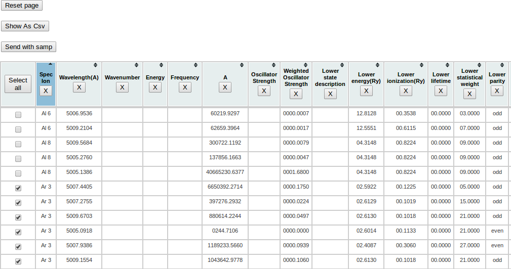 line list from Topbase results, HTML presentation.